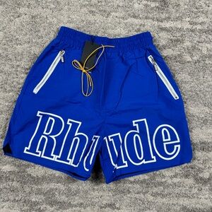 NWT Rhude Blue Athletic / Swimming Shorts White Logo outline size Large